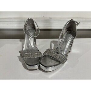 Azalea High Heel Block Rhinestone Wedge Silver Sandals Woman’s Size 8
